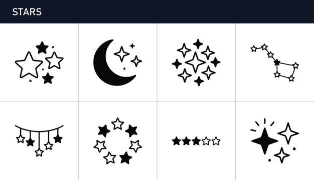 Star and moon icons set with celestial bodies and garlands for design