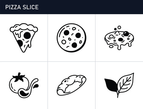 Pizza slice, whole pizza, and ingredients set with tomato and leaves for food logos