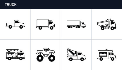 Truck icons set with pickup, delivery, dump, fire engine and tow truck © Md