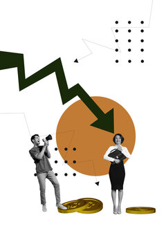 Vertical photo collage of scream man megaphone work problem girl panic arrow down coin loss inflation isolated on painted background
