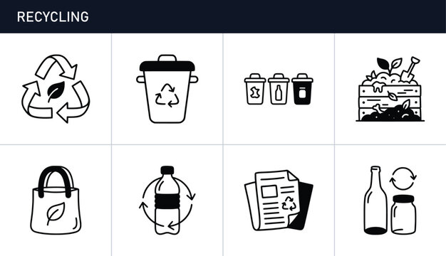 Recycling icons set with bins, bottles, compost, and reusable bag for eco-friendly living