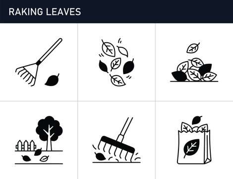Autumn leaves raking set with rake, bag and tree for yard work