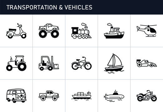 Transportation and vehicles set with icons of scooter, monster truck, train, ship, helicopter, tractor, forklift, bicycle, sailboat, race car, van