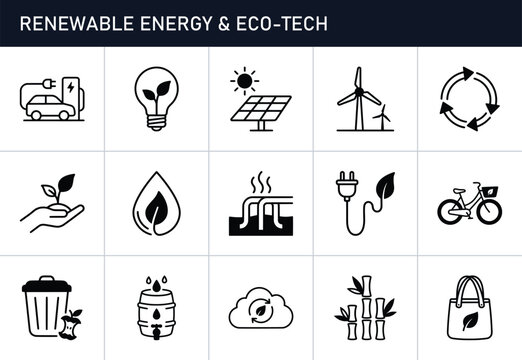 Renewable energy and eco-tech icons set