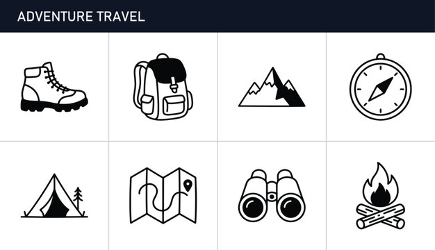 Adventure travel icons set with boot, backpack, mountains, compass, tent, map, binoculars and campfire for outdoor exploration