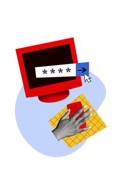 Vertical photo collage of hand hold mouse cursor click pc monitor password access software password icon isolated on painted background