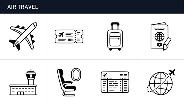 Air travel icons set with airplane, passport, ticket and luggage for trips