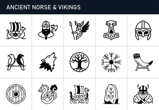 Ancient Norse and Viking symbols set with Viking ship, warrior, rune stone and Thor's hammer for cultural design