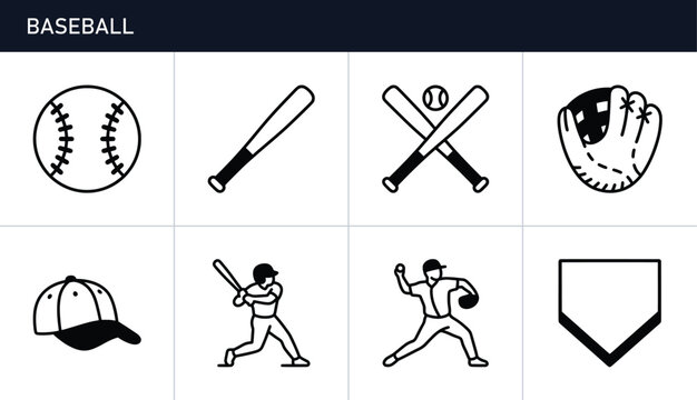 Baseball icons set with ball, bat, glove, cap, players and home plate for sports