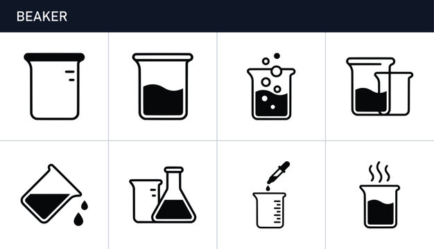 Beaker icons set with laboratory glassware and chemical beakers for science and education