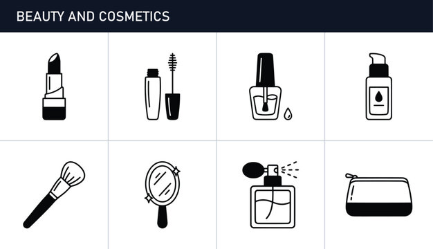 Beauty and cosmetics icons set with lipstick, mascara, nail polish, serum, brush, mirror and perfume for beauty products and makeup