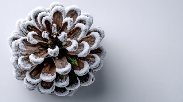Ice-covered pinecone on a frosty white background viewed from above