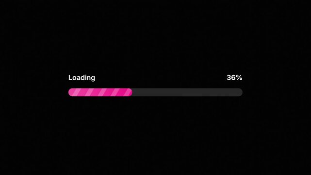 Pink striped loading progress bar with percentage counter on black background, smooth modern loading screen animation filling from 0 to 100 percent