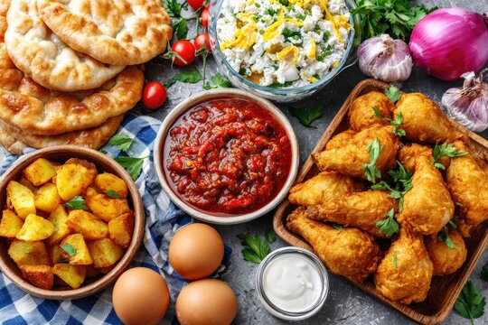 Colorful assortment of Russian dishes arranged on a white background with studio lighting