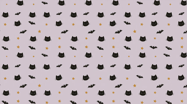 Minimalist Cute Halloween Seamless Pattern with Black Cat Heads Flying Bats and Stars on Pastel Purple Background