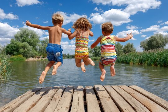 Children jump into lake from wooden pier on summer vacation day with water splashes