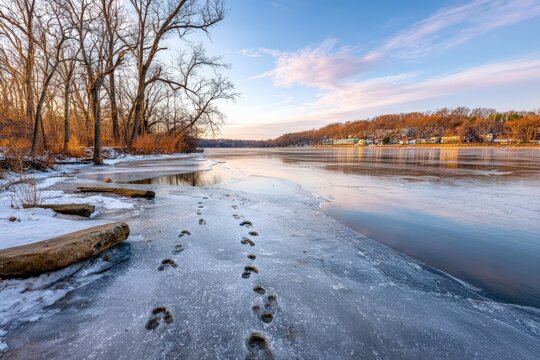 Frozen river with ice, snow-covered footprints, and pale winter sky in a wide shot