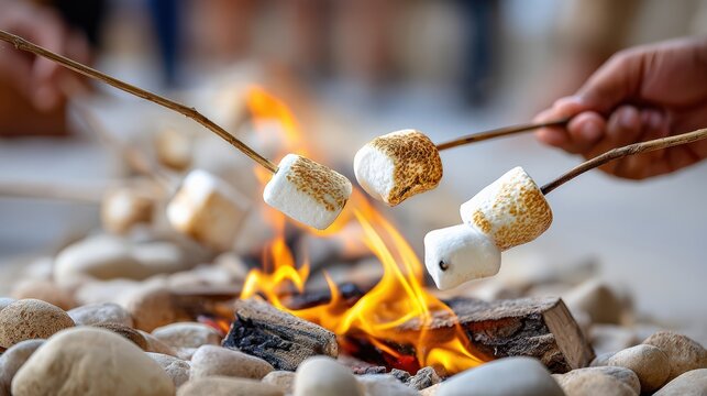 Kids roast marshmallows over a campfire during summer camping trip in the forest