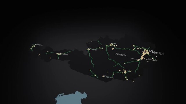 Austria 3D Digital Map Animation - Reveal of Roads, Cities & Boundaries, 4K Orbiting View & Zoom Out Reveal