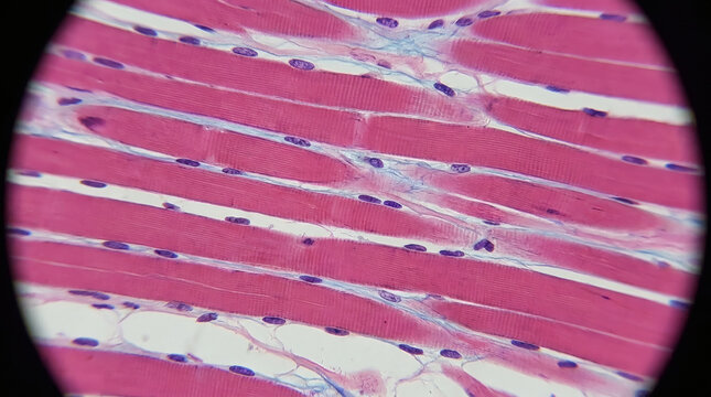 Skeletal muscle tissue histology slide showing striated fibers and nuclei under microscope