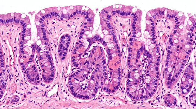 Stomach mucosa histology showing gastric pits and epithelial cells under microscope view