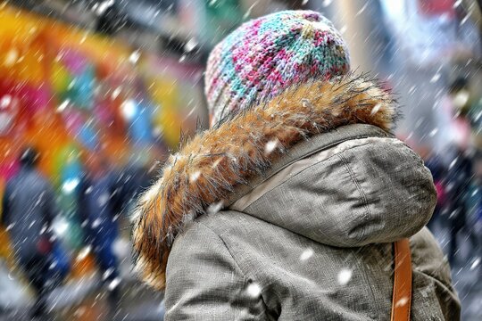Person walks through snowstorm wearing heavy winter coat, limited visibility in city setting during winter