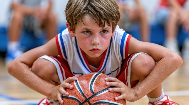 Young boy in basketball uniform focuses before a game during practice session indoors