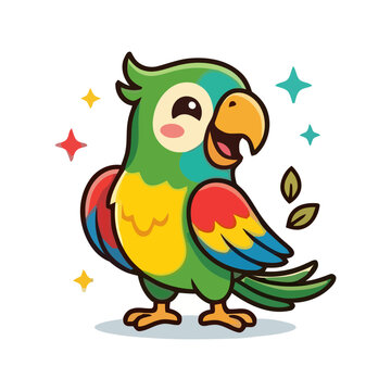 Cute colorful parrot vector illustration with sparkling stars on