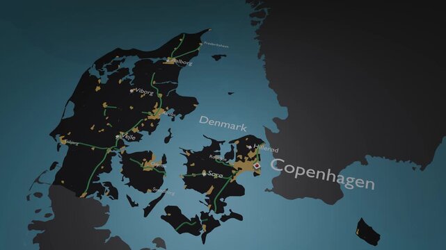 Denmark 3D Digital Map Animation - Reveal of Roads, Cities & Boundaries, 4K Orbiting View & Zoom Out Reveal