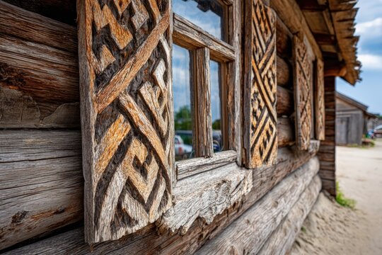Wooden izba house with carved windows in rural setting under soft daylight