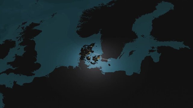 Denmark 3D Digital Map Animation - Reveal of Roads, Cities & Boundaries, 4K Orbiting View Reveal