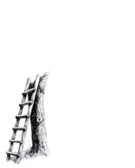 Hand Drawn Illustration of a Rustic Wooden Ladder Leaning Against an Old Tree Trunk © JihadBinNur