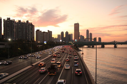 Busy Traffic with Magnificent Sunset View of Yeouido in Seoul, South Korea