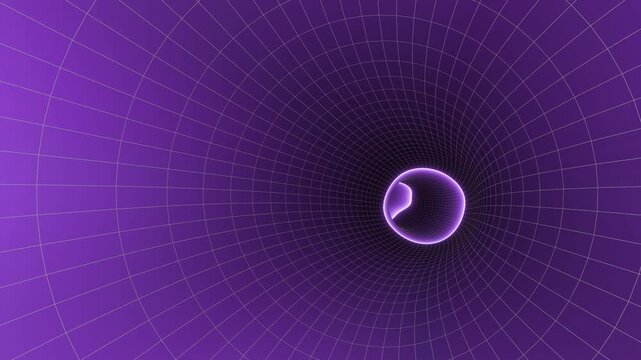 Luminous purple wormhole warping spacetime continuum, bending gravitational fields with intense energy and cosmic distortion through deep space realm. 3d loop