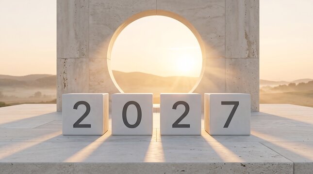 Four white cubes displaying the year 2027 stand on a stone platform before a circular archway at sunrise