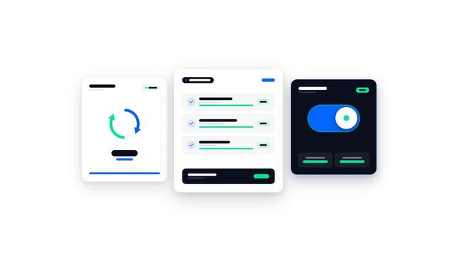 Motion graphics animation of modern wireframe user interface cards, interactive toggle switch, and data synchronization indicator appearing sequentially on transparent background.