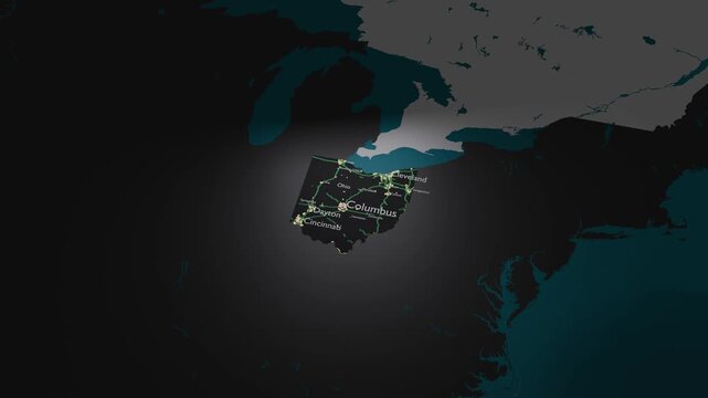Ohio, USA 3D Digital Map Animation - Reveal of Roads, Cities & Boundaries, 4K Orbiting View Reveal