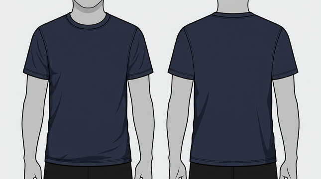 Blank Navy Blue Short Sleeve T-Shirt for Template on White Background. Front and Back Views