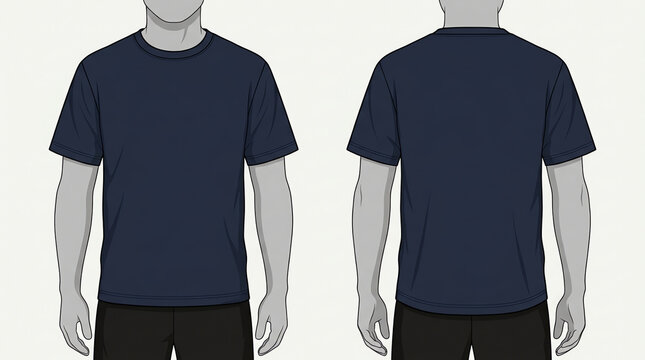 Blank Navy Blue Short Sleeve T-Shirt for Template on White Background. Front and Back Views