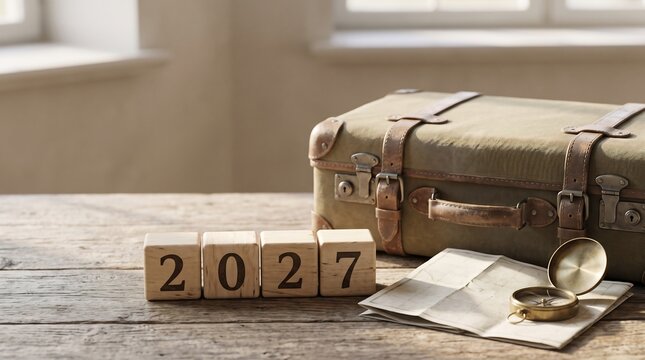 Wooden blocks showing the year 2027 beside a vintage suitcase and compass on a table with suggesting travel planning upcoming year