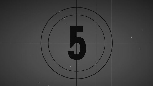 Vintage film leader countdown from 10 to 0 with sweeping clock wipe, old cinema movie reel timer screen with dust and scratches, retro black and white 4K animation
