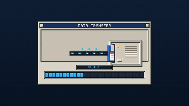 Vintage 1990s computer interface animation showing a floppy disk saving data into a storage drive with a segmented progress bar.
