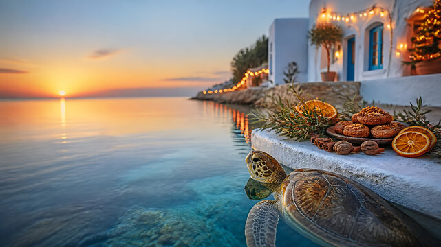 Sea turtle swims beside a whitewashed Greek seaside terrace with melomakarona cookies, orange slices and olive branches at sunset, a warm Mediterranean Christmas and New Year 2027 scene with copy spac