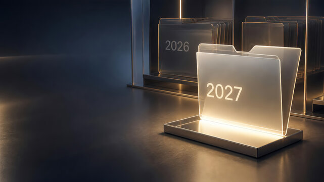 Luminous glass 2027 folder stands before the dimmed archived 2026 folders in a futuristic data vault, a premium New Year concept of fresh start, planning and digital transformation with copy space