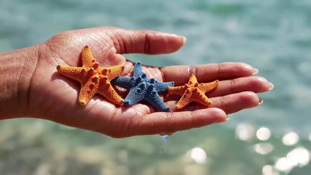 Person holding three colorful starfish in hand against the ocean background