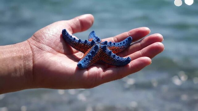 Hand holding a vibrant blue and orange starfish over sparkling ocean water   