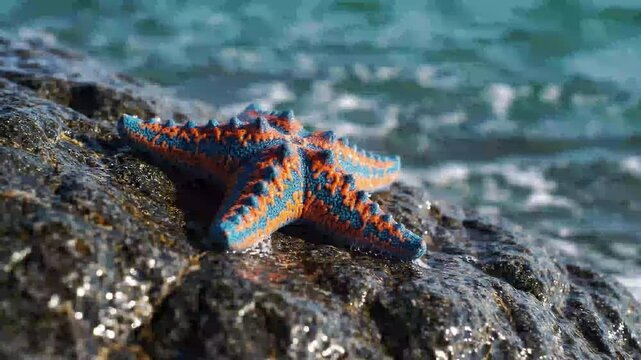 Blue and orange starfish on a mossy rock with ocean waves crashing