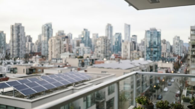 City skyline view from a residential balcony featuring solar panels on a nearby roof. The urban landscape is softly blurred to create a versatile background for design projects.