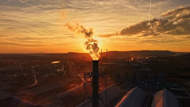Smoke rises from a tall industrial stack above factory buildings and roads at sunset, with a low ridge on the horizon and the sun near the stack.