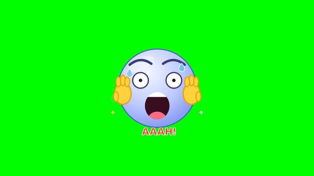 Shocked blue emoji characters screaming on green screen background